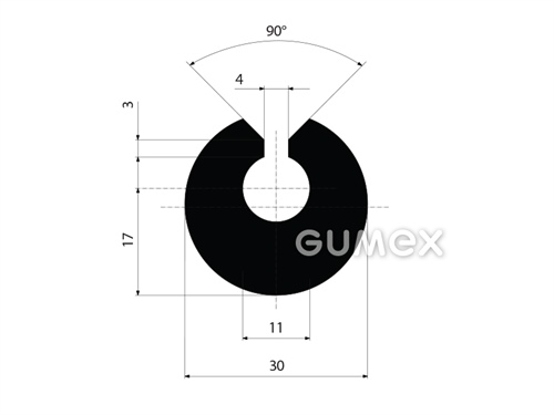 Rundes Gummiprofil, 30mm, Rille 11mm, 70°ShA, EPDM, -40°C/+100°C, schwarz, 